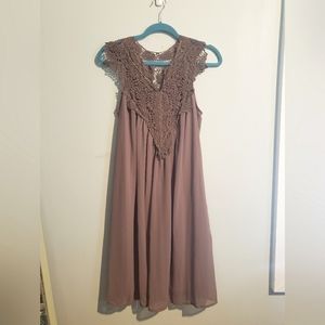 Brown opaque dress with crochet lace neckline.  med